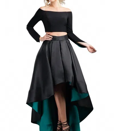 Rachel Allan Two-piece Off Shoulder High-low Prom Gown In Black/teal In Multi