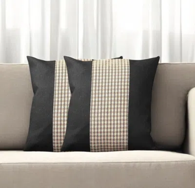 Hivvago Set Of Two 18" Black Brown And White Houndstooth Fabric Throw Pillows In Black