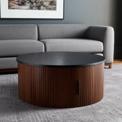 Hivvago 32" Black And Walnut Wood Round Drum Coffee Table In Brown