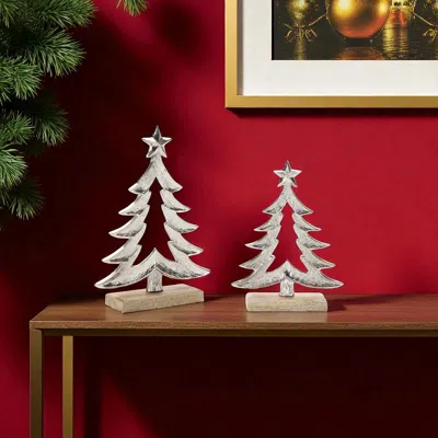 Hivvago Set Of Two Gray And Beige Aluminum Trees Christmas Christmas Tree Tabletop Sculpture In Gray