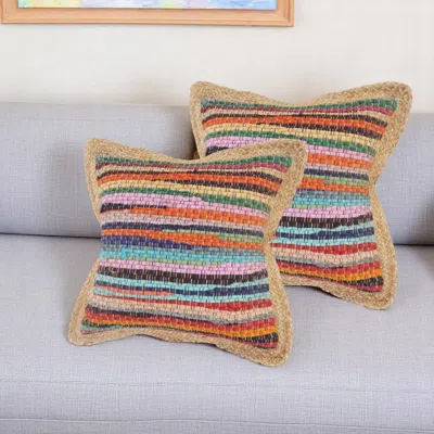Hivvago Set Of Two 20" Blue Red And Natural Striped Cotton And Jute Throw Pillows In Multi