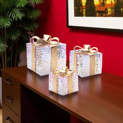 Hivvago Set Of Three Gold Plastic Decorative Keepsake Box With Led In Metallic