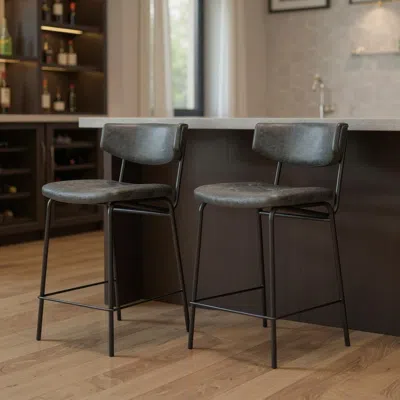 Hivvago Set Of Two 30" Black Faux Leather And Steel Low Back Bar Height Bar Chairs In Black