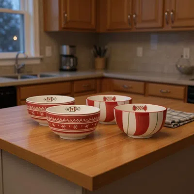 Hivvago Set Of Four 6" Red And White Ceramic Christmas Round Candy Or Nut Bowls In Red