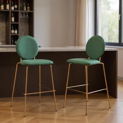Hivvago Set Of Two 30" Green And Gold Velvet And Steel Bar Height Bar Chairs In Green
