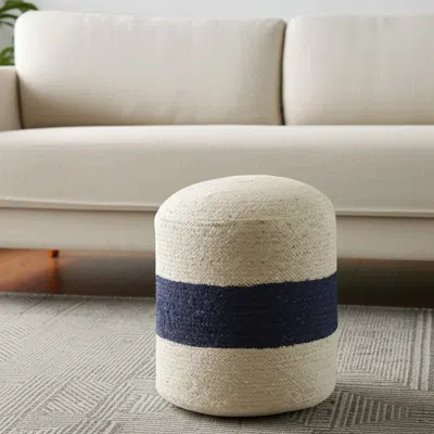 Hivvago 18" Off White And Navy Blue Jute Blend Cylinder Striped Pouf Ottoman In White