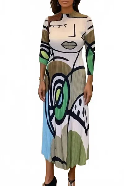 Vanite Couture Picasso Mix Abstract Dress In Green/mocha In Multi