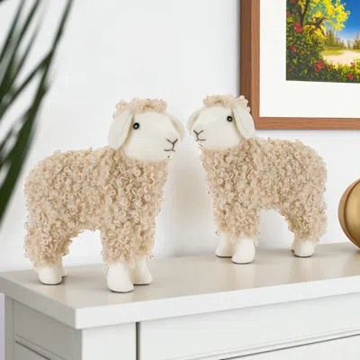 Hivvago Set Of Two Beige And White Plush Sheep Tabletop Sculptures In Neutral
