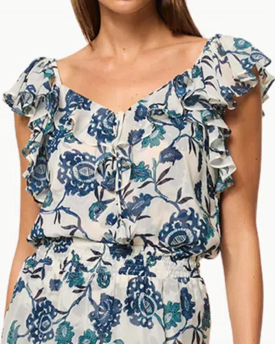 Misa Luca Ruffle-trimmed Top In Indigo Teal Blooms In Multi