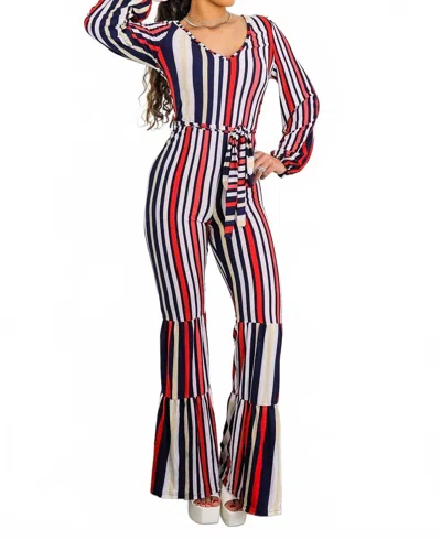 Surelymine Striped Flare-leg Jumpsuit With Tie Waist & Long Sleeves In Multi In Multi
