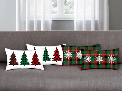 Hivvago Set Of Four White Red And Green Christmas Trees Plaid Fabric Lumbar Throw Pillows In Multi