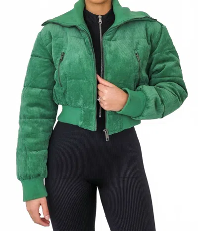 Surelymine Keep Up With Me Crop Corduroy Full Zipper Puffer Jacket In Green In Green