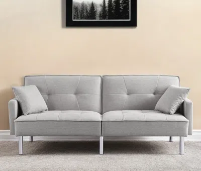 Hivvago 85" Light Gray Polyester Blend Convertible Futon Sleeper Sofa And Toss Pillows With Silver Legs In Gray