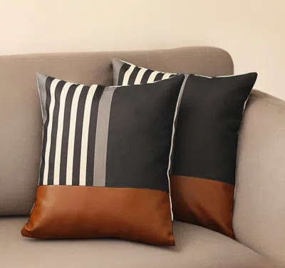Hivvago Set Of Two 18" Brown Black And Ivory Striped Fabric And Faux Leather Throw Pillows In Multi