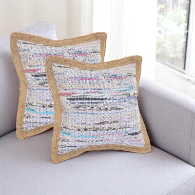 Hivvago Set Of Two 20" Aqua Ivory And Natural Striped Cotton And Jute Throw Pillows With Texture In Multi