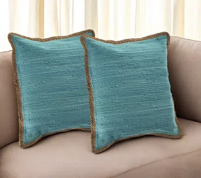 Hivvago Set Of Two 20" Turquoise Cotton And Jute Throw Pillows With Texture In Blue