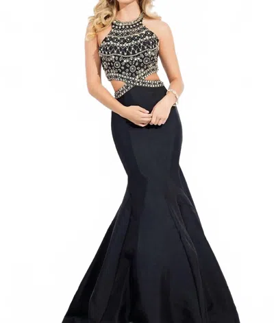 Rachel Allan Halter Neck Beaded Mermaid Gown With Cutouts In Black In Blue