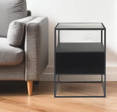 Hivvago 21" Clear And Black Glass And Metal Square Frame End Table With Two Shelves In Black