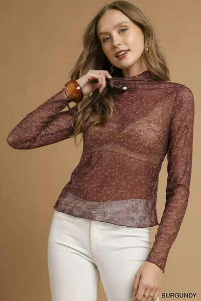 Truedames Nylon Lace Mesh Long Sleeve Top In Brown