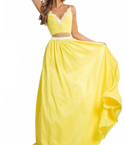 Rachel Allan Two-piece Mikado V Neck Prom Gown In Yellow In Yellow