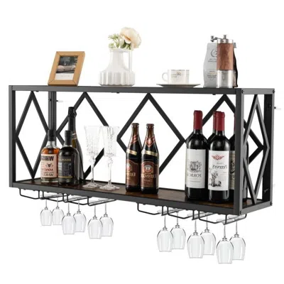 Hivvago Industrial Rustic Brown Wood Metal Wall Mounted Wine Rack Shelf In Black