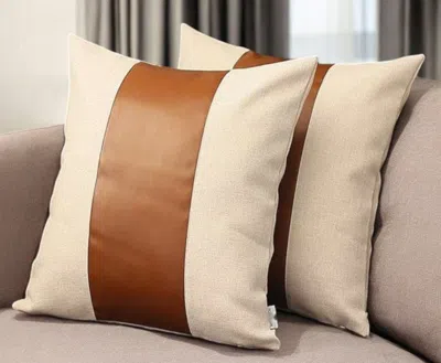 Hivvago Set Of Two 18" Ivory And Brown Color Block Fabric And Faux Leather Throw Pillows In Neutral