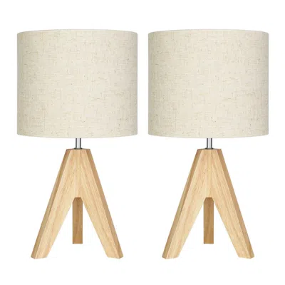 Hivvago Set Of 2 - Solid Wood Tripod Table Lamp With Beige Linen Drum Shade In Neutral