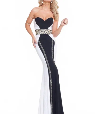 Rachel Allan Beaded Jersey Strapless Prom Gown In White/black In Animal Print