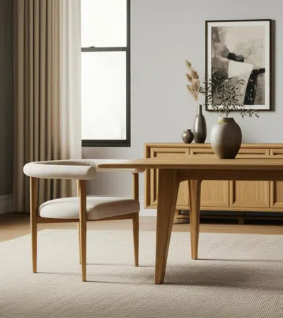 Hivvago Beige And Brown Upholstered Cushion And Solid Wood Open Back Dining Arm Chair In Brown