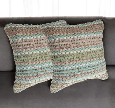 Hivvago Set Of Two 18" Beige Blue And Green Striped Cotton Blend Throw Pillows In Multi