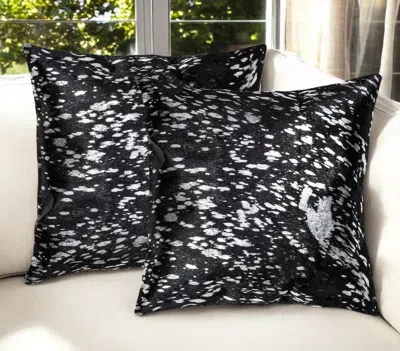 Hivvago Set Of Two 18" Black And Silver Abstract Cowhide Throw Pillows With Glitter In Black