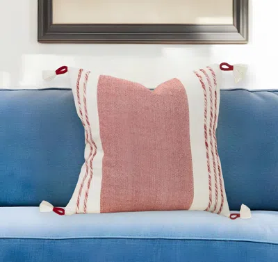 Hivvago 20" Red And White Color Block Cotton Throw Pillow With Tassels In Pink