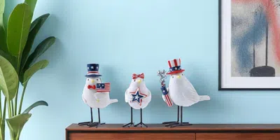 Hivvago Set Of Three Red White And Blue Polyresin Bird Independence Day Figurine In White