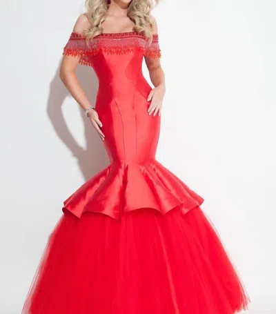 Rachel Allan Beaded Mikado Prom Gown With Soft Tulle In Red In Red