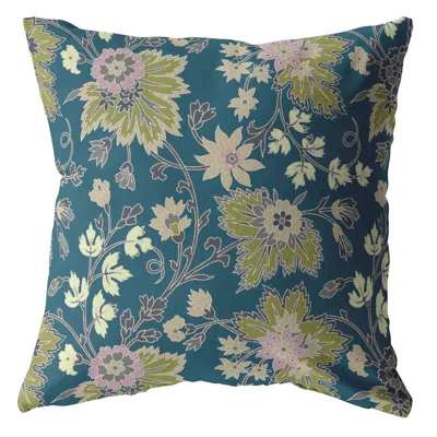 Hivvago 18" Teal Green Jacobean Zippered Suede Throw Pillow In Multi