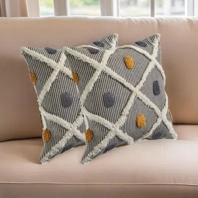 Hivvago Set Of Two Black And Yellow Striped Cotton Throw Pillows With Fringe In Gray