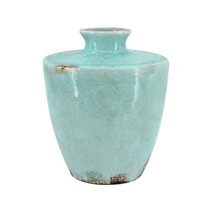 Hivvago 12" Aqua Terracotta Crackle Glaze Round Table Vase In Blue