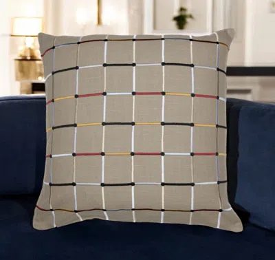 Hivvago 24" Beige Check Cotton Blend Throw Pillow With Embroidery In Multi