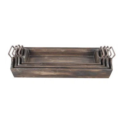 Hivvago Set Of Four Brown Wood Handmade Serving Tray With Handles In Brown