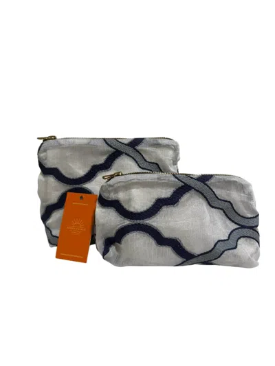 Sunsets Of Naples Make Up Bags Set In Blue And Grey Embroidery In Multi