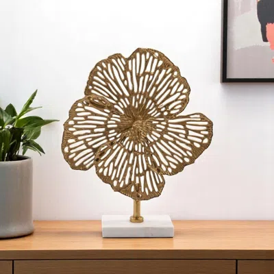 Hivvago 18" Antiqued Gold And White Aluminum And Marble Flowers Abstract Tabletop Sculpture In Brown