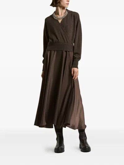 Peserico Mixed-material Long Dress With Knit Bodice In Brown