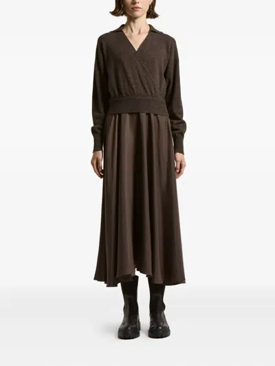 Peserico Mixed-material Long Dress With Knit Bodice In Brown