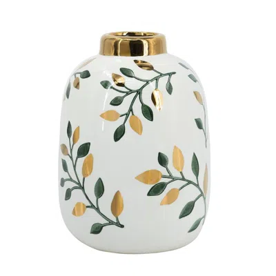 Hivvago 9" White Green And Gold Leaf Round Ceramic Table Vase In White