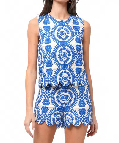 Adelyn Rae Joanne Scalloped Embroidered Tailored Shorts In Linen/blue In Multi