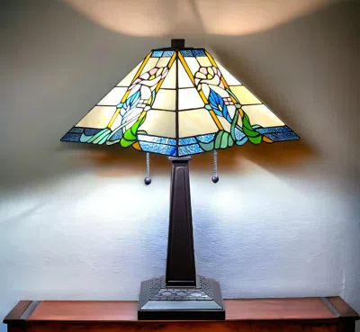 Hivvago 22" Dark Brown Metal Two Light Candlestick Table Lamp With Blue And Beige Shade In Multi