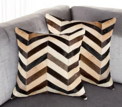 Hivvago Set Of Two 18" Black Brown And Beige Chevron Cowhide Throw Pillows In Multi