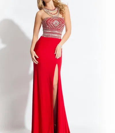 Rachel Allan Beaded Halterneck Evening Gown With High Slit In Tangerine In Red