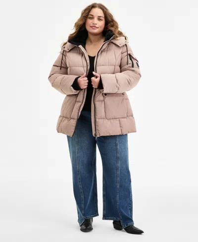 Steve Madden Plus Size Hooded Utility-pocket Puffer Coat In Neutral