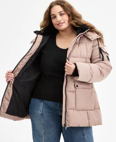Steve Madden Plus Size Hooded Utility-pocket Puffer Coat In Neutral